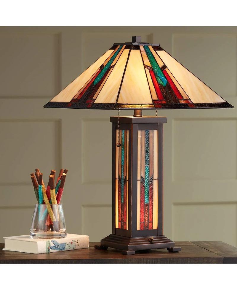 Robert Louis Tiffany Mission Style Table Lamp with Table Top Dimmer and Night Light 25" High Bronze Stained Glass for Living Room Bedroom