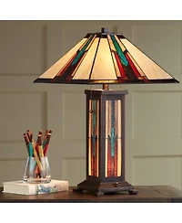 Robert Louis Tiffany Mission Style Table Lamp with Table Top Dimmer and Night Light 25" High Bronze Stained Glass for Living Room Bedroom