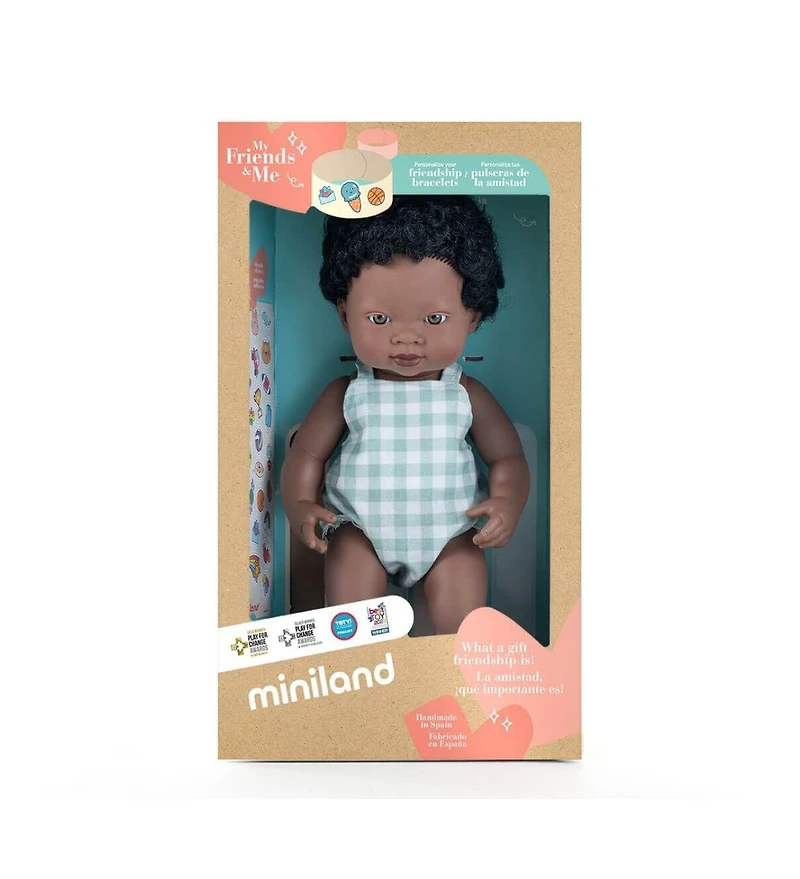 Miniland Baby Doll African Boy 15 inches in Box. Made in Spain with Vanilla Scent. Anatomically Correct. My Friends and Me Collection