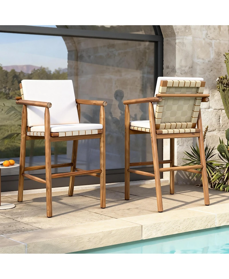 sumyeg Set of 2 Outdoor Counter Height Bar Stools with Acacia Wood Frame, Backrest and Webbing Seat