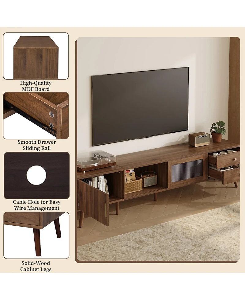 Rainsken Tv Stand , Wood-Grain Entertainment Center with Fluted Cabinet Door, Sliding Glass Doors, and 2 Drawers for Living Room