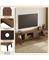 Rainsken Tv Stand , Wood-Grain Entertainment Center with Fluted Cabinet Door, Sliding Glass Doors, and 2 Drawers for Living Room