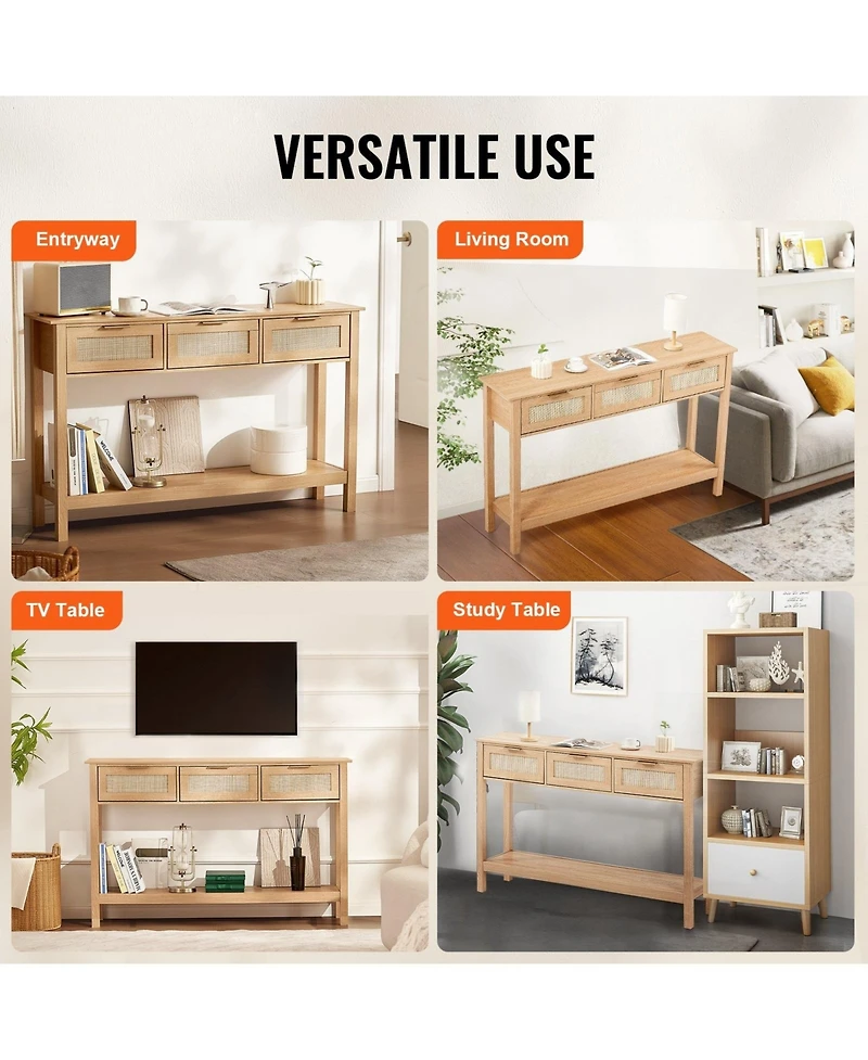 Sugift Rattan Console Table, 3 Storage Drawers, for Entryway, Living Room