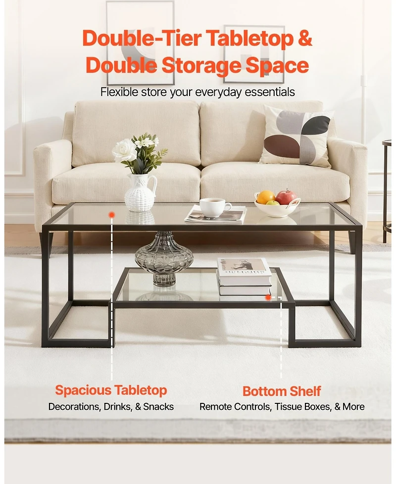 Sugift Coffee Table, Tempered Glass Center Table, 2-Tier with Open Storage for Living Room
