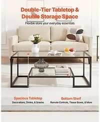 Sugift Coffee Table, Tempered Glass Center Table, 2-Tier with Open Storage for Living Room