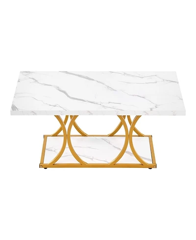 Sugift Coffee Table, Modern Faux Marble, Large 2-Tier Rectangle Desk with Metal Frame