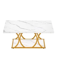 Sugift Coffee Table, Modern Faux Marble, Large 2-Tier Rectangle Desk with Metal Frame