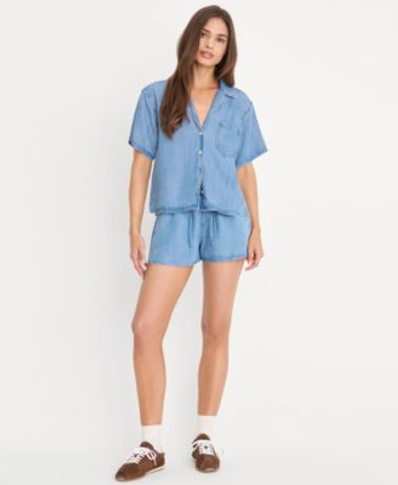 Good American Womens Collared Neck Denim Camp Shirt Pull On Denim Shorts