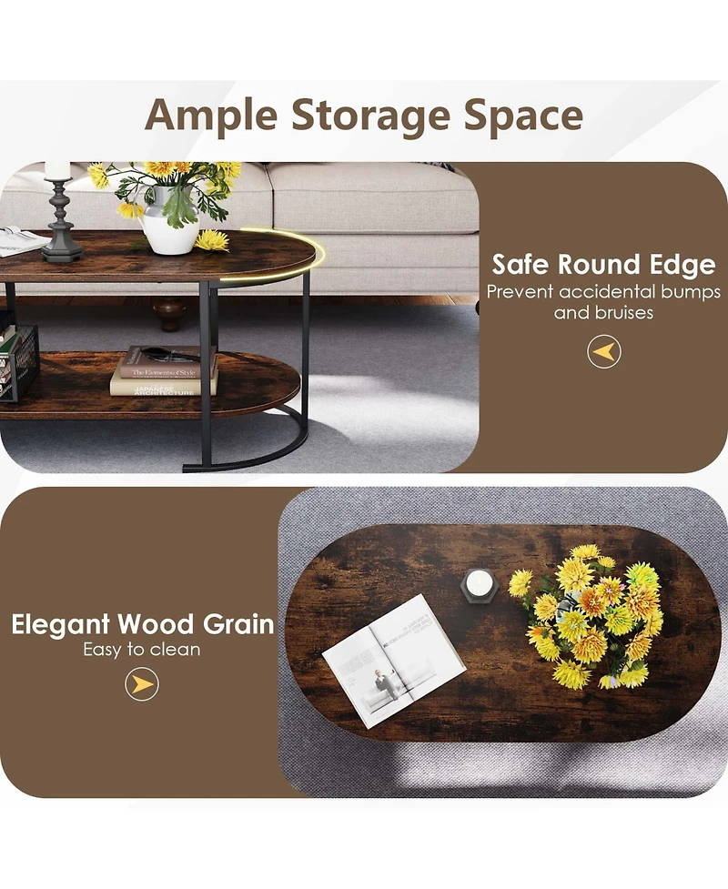Sugift Oval Two Tier Coffee Table with Open Storage Shelf