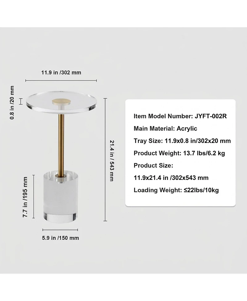Sugift Clear Acrylic End Table, Round Side Table with Solid Base, 11.9 x 11.9 Inch