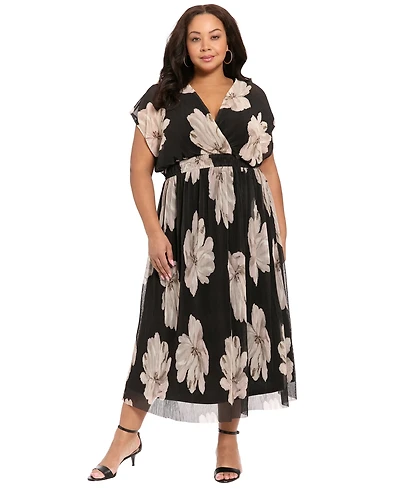 London Times Plus Short-Sleeve V-Neck Pleated Maxi Dress