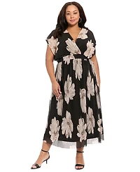 London Times Plus Short-Sleeve V-Neck Pleated Maxi Dress