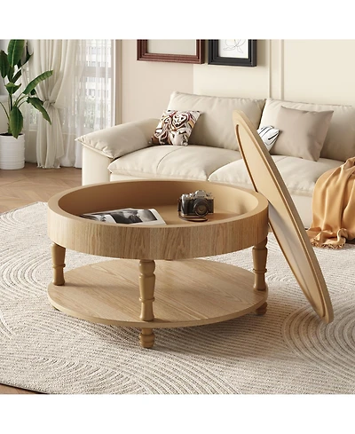 Rainsken Round Solid Wood Coffee Table, Modern Center Table with Hidden Storage, Two-Tier Design for Living Room, Office