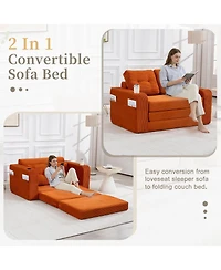 Rainsken Boneless Convertible Sofa Bed, Soft Corduroy Loveseat with Cup Holders and Pillows, Space Saving Fold Out Floor Couch for Home