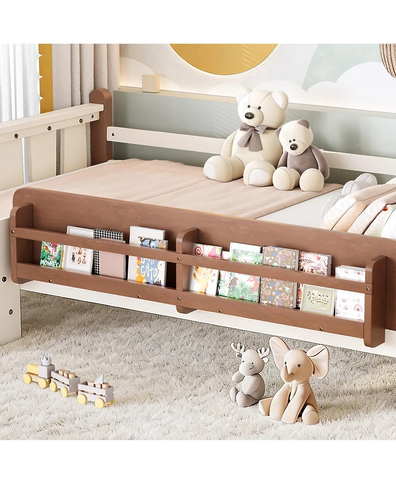Rainsken Kids Floor Bed Frame with Storage Bookcases and Stairs, Twin Size Solid Wood Low Profile Bed with Guardrails for Boys Girls