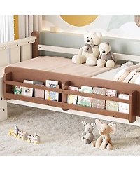 Rainsken Kids Floor Bed Frame with Storage Bookcases and Stairs, Twin Size Solid Wood Low Profile Bed with Guardrails for Boys Girls