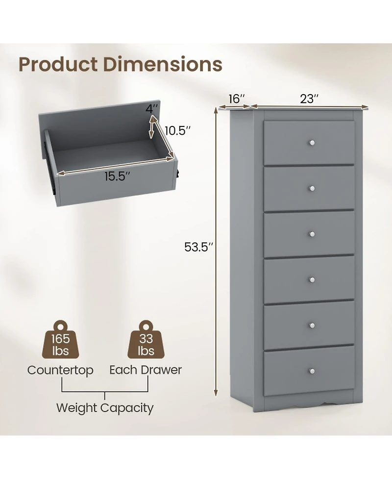 Gouun 6-Drawer Tall Chest Dresser for Bedroom Storage