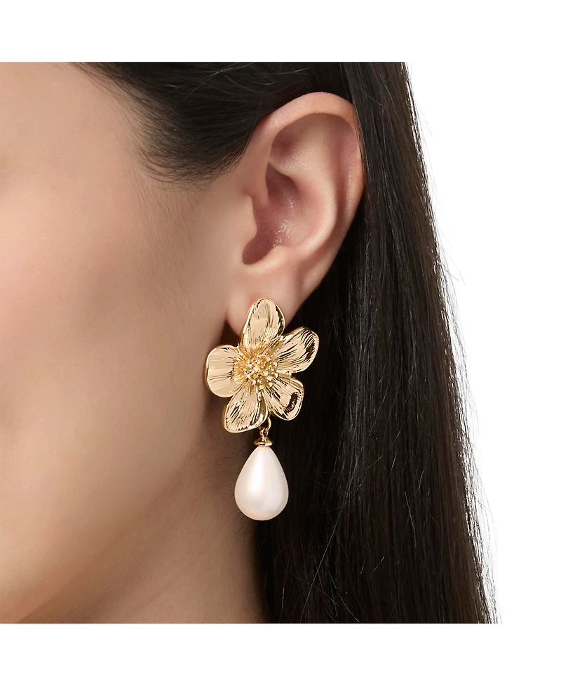 Jessica Simpson Flower Earrings with Dangling Faux Pearl, Drop Earrings for Women