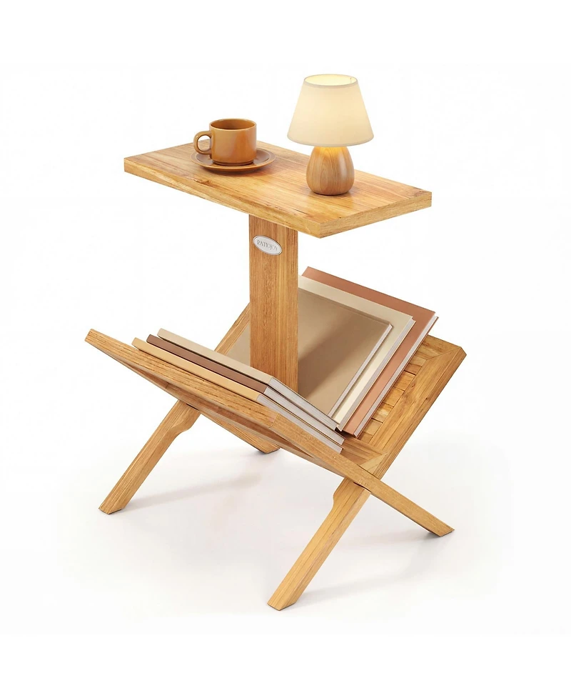 Slickblue Teak Wood 2-Tier Side Table with Built-In Magazine Rack