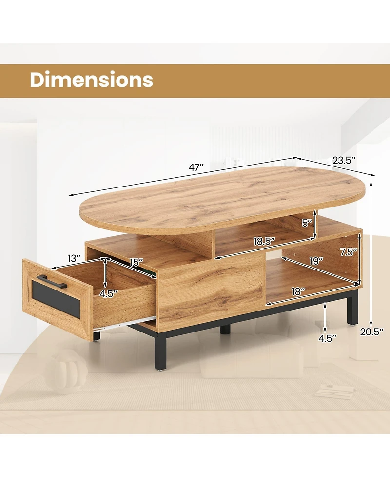Sugift 47 in Oval Coffee Table with Storage and Open Compartments