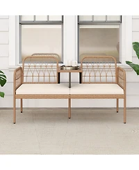 Sugift Outdoor Pe Rattan Loveseat with Built In Table and Cushions