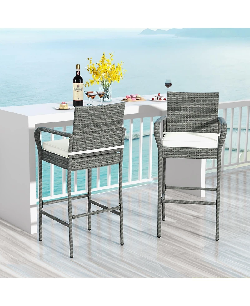 Sugift Patio Wicker Bar Stools with Armrests and Cushions Set of Two
