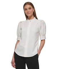 Dkny Petite Mock Neck Ruffle-Sleeve Blouse