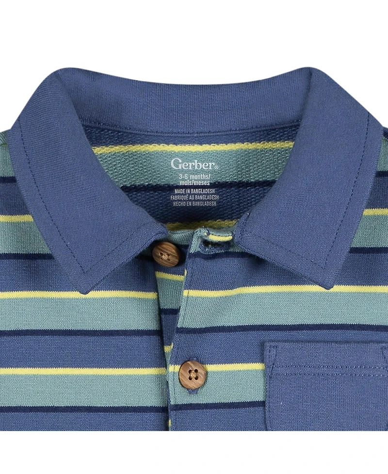 Gerber Baby Boys Collared Romper, Blue and Green.