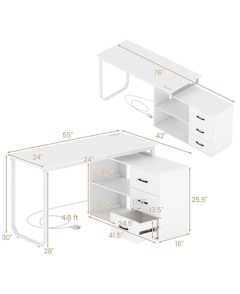 Slickblue 55" L Desk Reversible with 3 Drawers and Adjustable Storage Shelf