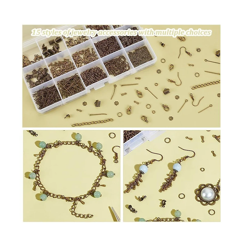 Gnuadz 870pcs Jewelry Finding Kit Lobster Clasp Jump Ring Earring Hook Bead Cap Eye Pin Head Pin Chain Extender Cord Tip Ribbon Clamp Knot Drop