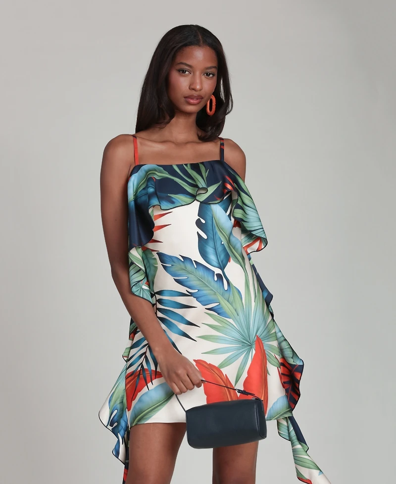 Avec Les Filles Women's Tropical Satin Asymmetric Drape Mini Dress