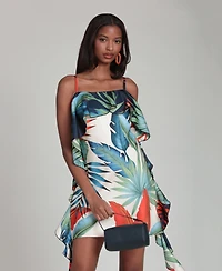 Avec Les Filles Women's Tropical Satin Asymmetric Drape Mini Dress