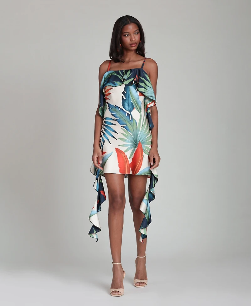 Avec Les Filles Women's Tropical Satin Asymmetric Drape Mini Dress
