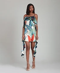 Avec Les Filles Women's Tropical Satin Asymmetric Drape Mini Dress