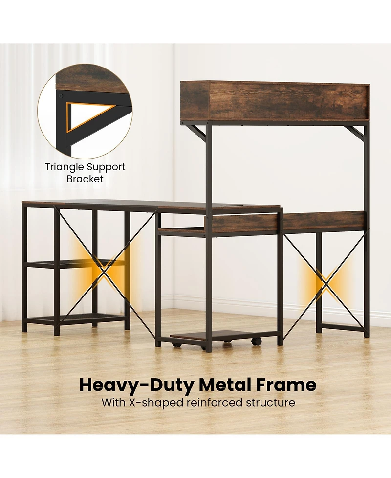 Slickblue 62 Inch Brown L Shaped Desk with Power Outlet and Storage Hutch