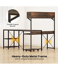 Slickblue 62 Inch Brown L Shaped Desk with Power Outlet and Storage Hutch