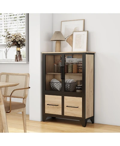 Rainsken Modern Metal Storage Cabinet with 4 Iron Doors and Adjustable Shelves, Multifunctional Sideboard Buffet for Living Room and Kitchen