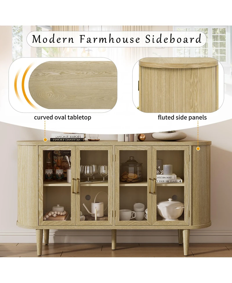 Rainsken Farmhouse Buffet Sideboard with Glass Doors, Adjustable Shelves and Cable Management, Wood Storage Cabinet for Dining Room and Living Room