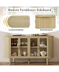 Rainsken Farmhouse Buffet Sideboard with Glass Doors, Adjustable Shelves and Cable Management, Wood Storage Cabinet for Dining Room and Living Room