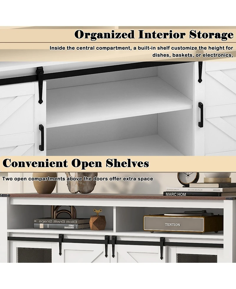 Rainsken Farmhouse Sideboard, Wood Buffet Cabinet with Open Storage, Sliding Barn Door and Mesh Panels for Living Room, Kitchen