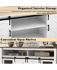Rainsken Farmhouse Sideboard, Wood Buffet Cabinet with Open Storage, Sliding Barn Door and Mesh Panels for Living Room, Kitchen
