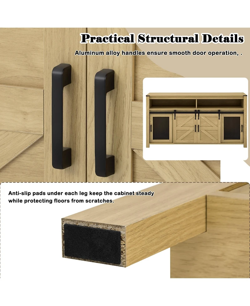 Rainsken Farmhouse Buffet Cabinet with Sliding Barn Doors, Mesh Panels and Open Storage Cubbies for Living Room, Kitchen and Dining Room