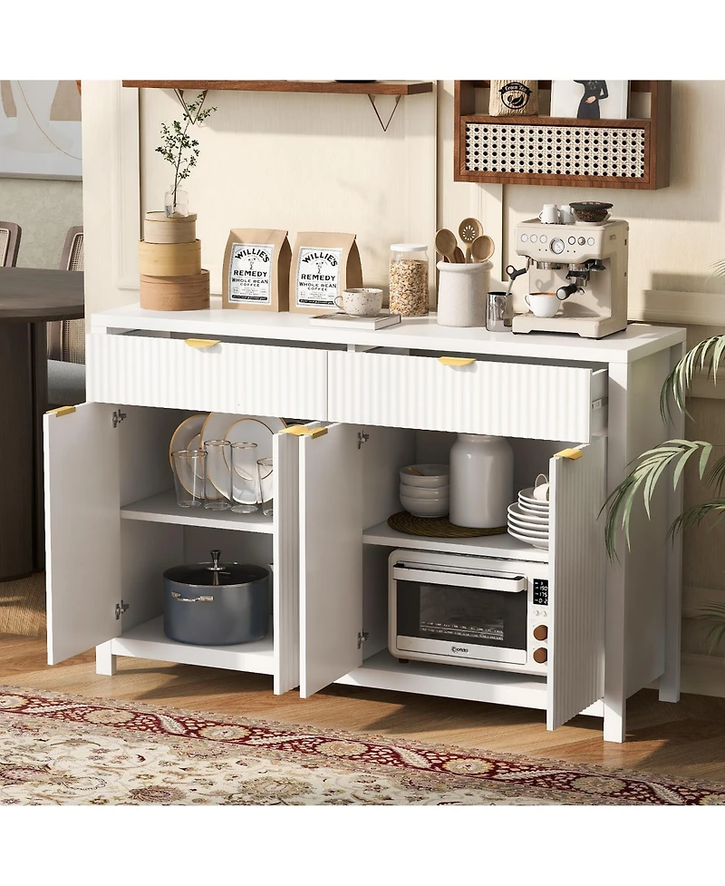 Rainsken Modern Fluted Sideboard Cabinet, Wood Storage Buffet Console with 2 Drawers, 4 Doors and Adjustable Shelves for Living Room