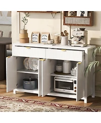 Rainsken Modern Fluted Sideboard Cabinet, Wood Storage Buffet Console with 2 Drawers, 4 Doors and Adjustable Shelves for Living Room
