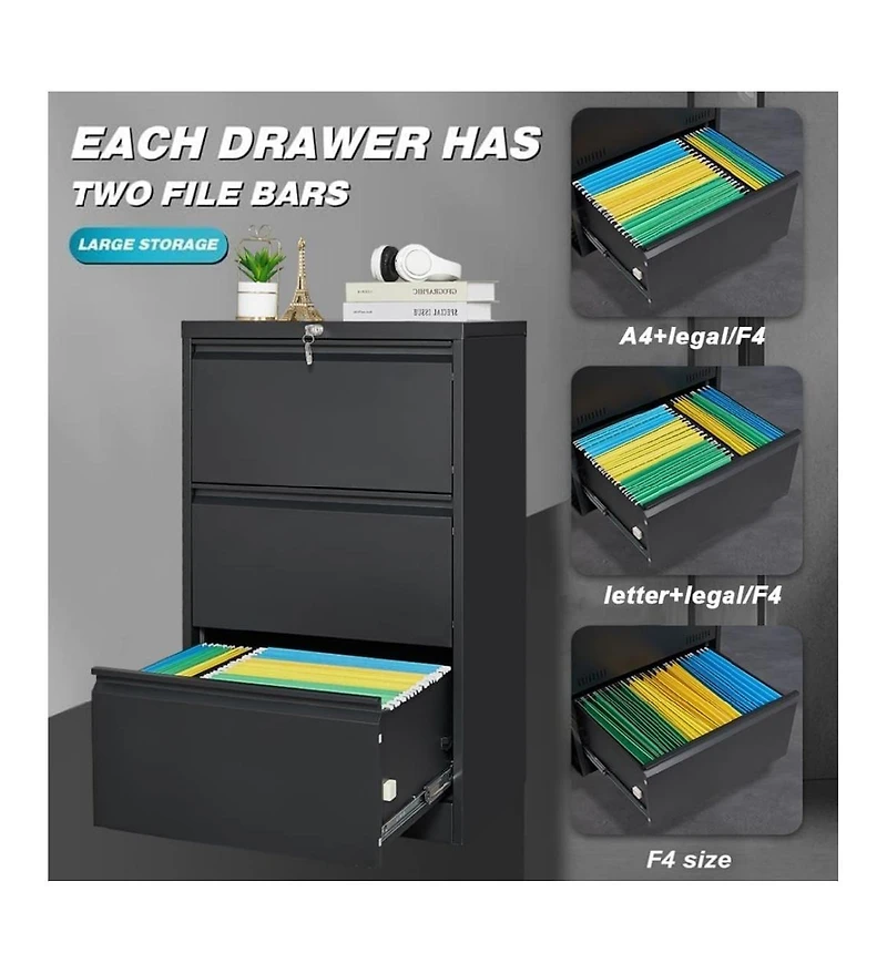 gaomon Lateral Steel Filing Cabinet with 3 Locking Drawers and Card Holder