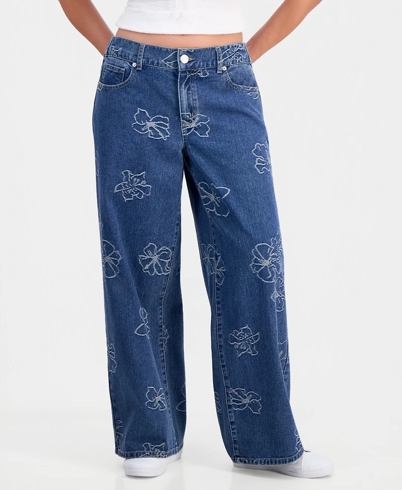 Project Indigo Juniors' Allover Hibiscus Wide-Leg Jeans