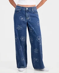 Project Indigo Juniors' Allover Hibiscus Wide-Leg Jeans