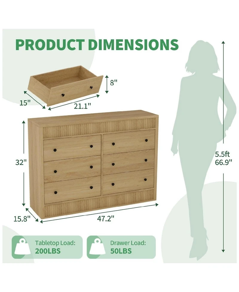 gaomon Modern Fluted 6 Drawer Dresser Wooden Storage Chest