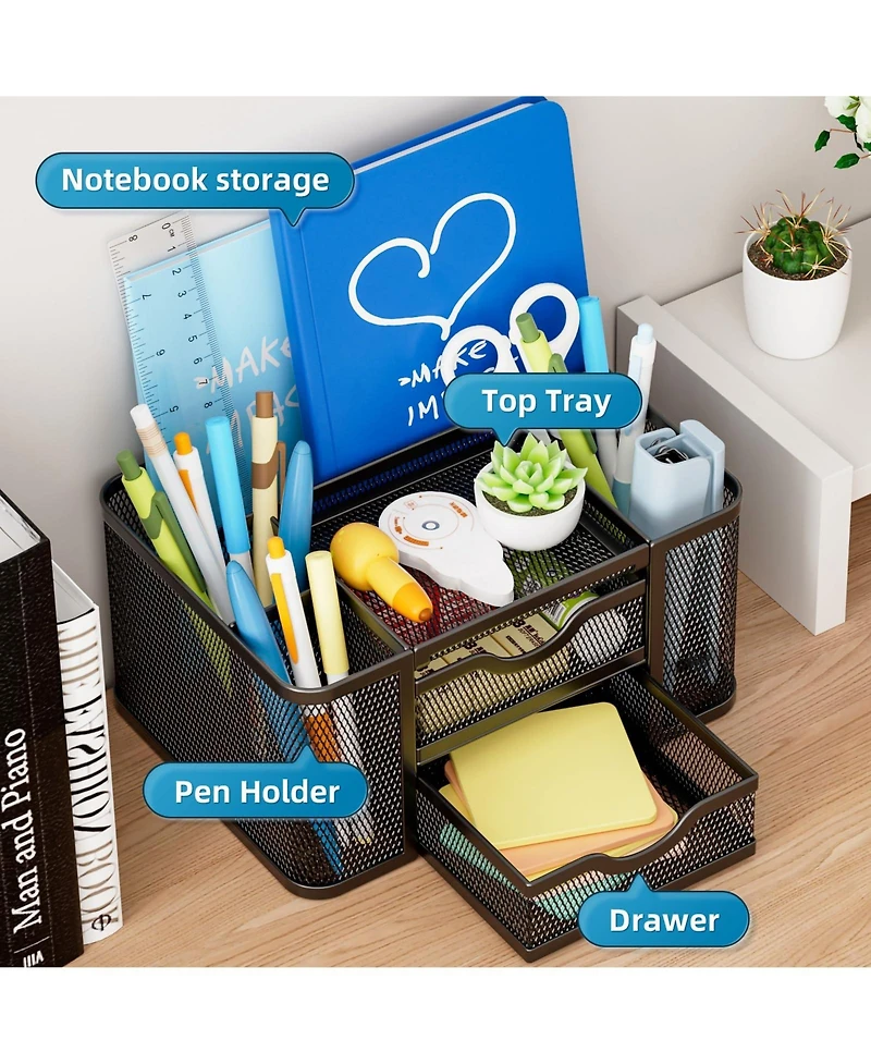 Gnuadz Mesh Desk Organizer Pen Holder 2 Drawer 5 Compartments Office