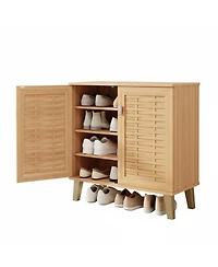 Yigii 4-Tier Shoe Cabinet with Woven Doors 3 Adjustable Shelves Freestanding Wood Storage for Entryway Hallway Living Room